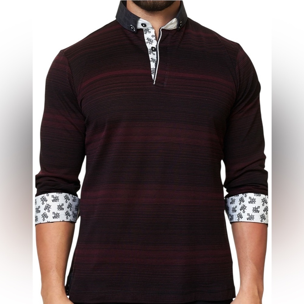 Maceoo Paris Men's Unrivaled Polo L ING Black Red Stretch Cotton Tic Tac Toe  L